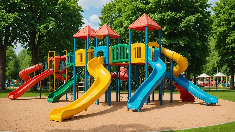 Wide angle view of a vibrant playground filled with climbing structures and slides