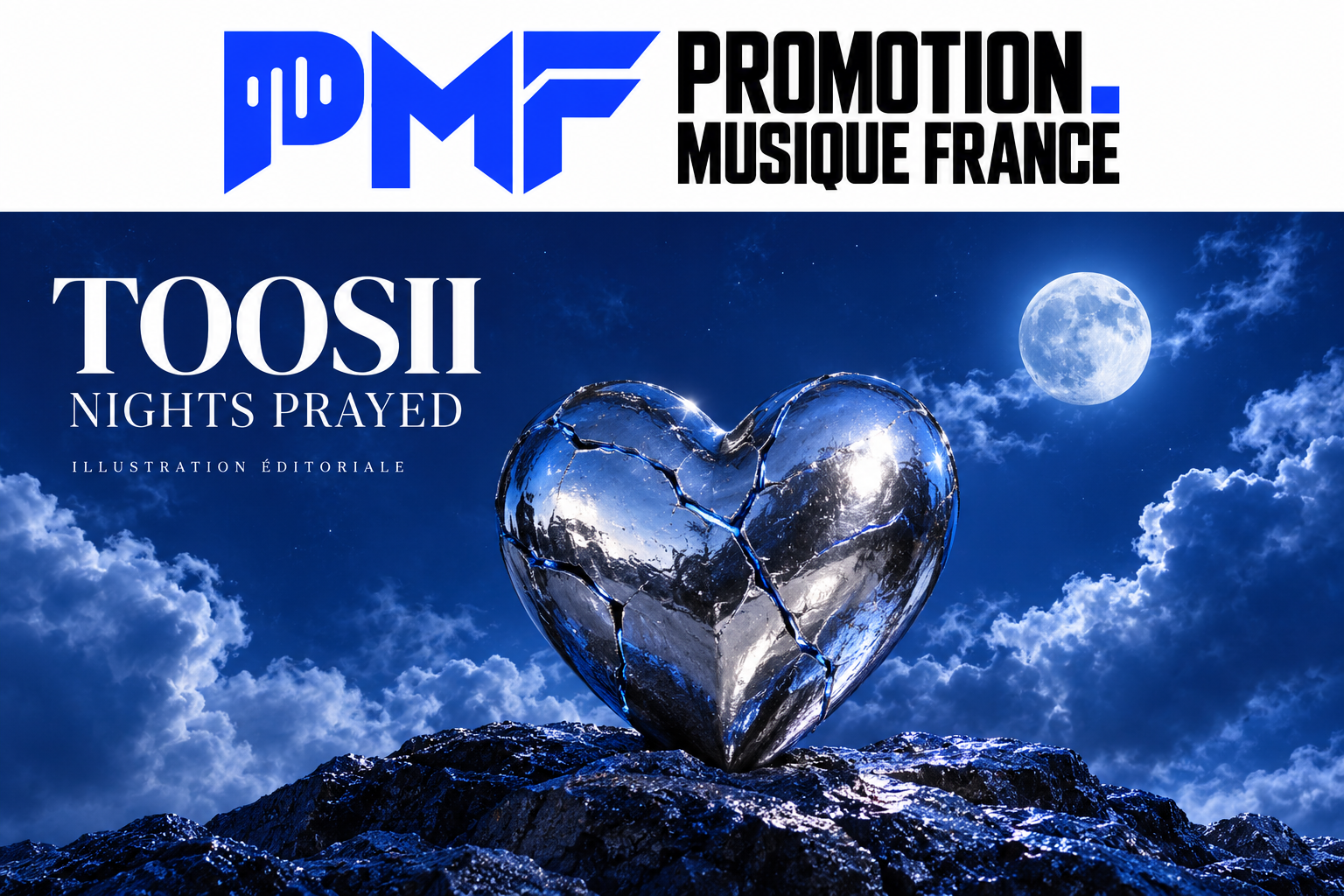 Illustration éditoriale pour TOOSII : cœur argenté sous un ciel nocturne, en bleu et blanc, avec le logo Promotion Musique France.
