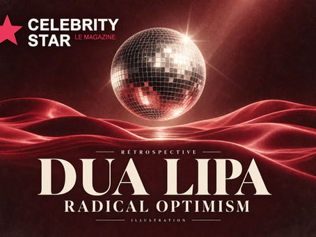 Illustration éditoriale Celebrity Star : boule à facettes et vagues bordeaux pour un dossier sur Dua Lipa et Radical Optimism.
