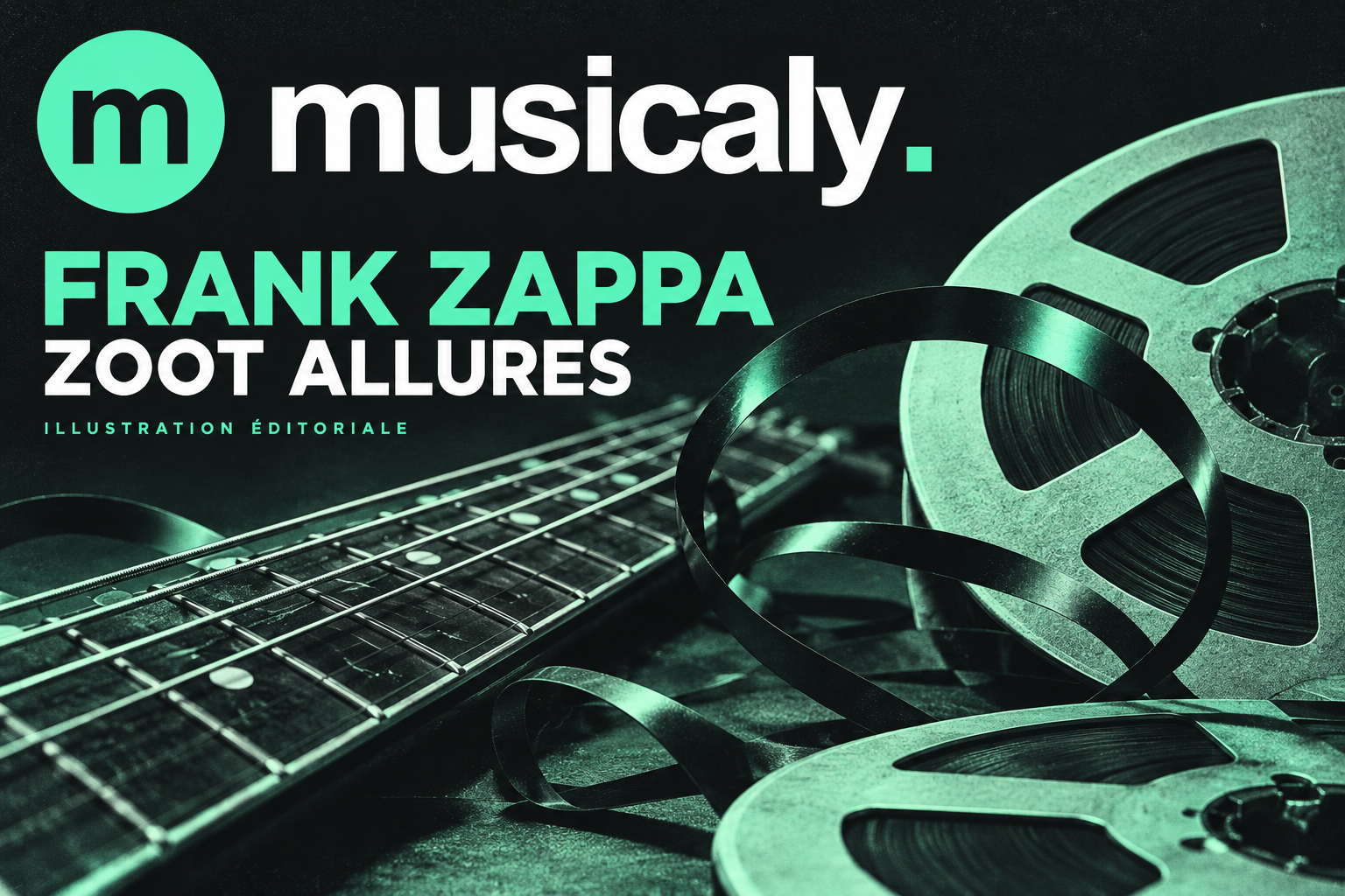 Illustration éditoriale pour FRANK ZAPPA : cordes de guitare et bandes de studio, en menthe sur fond sombre, avec le logo MUSICALY.