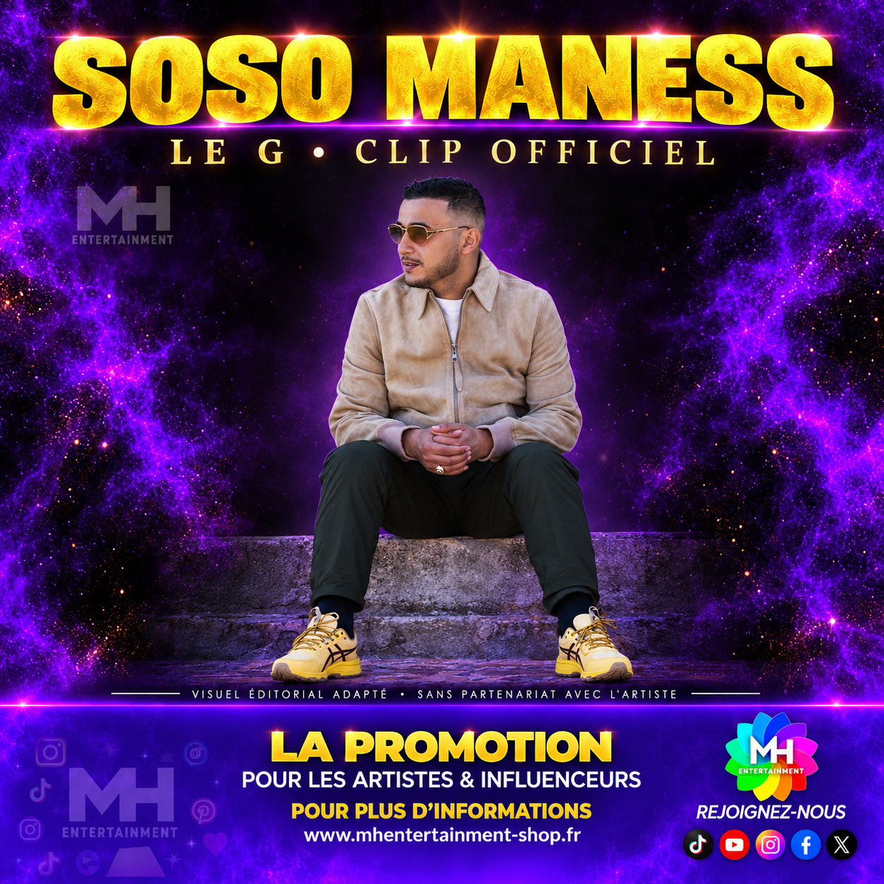 Soso Maness assis au centre d’un visuel éditorial MH Entertainment noir, or et violet pour le clip Le G