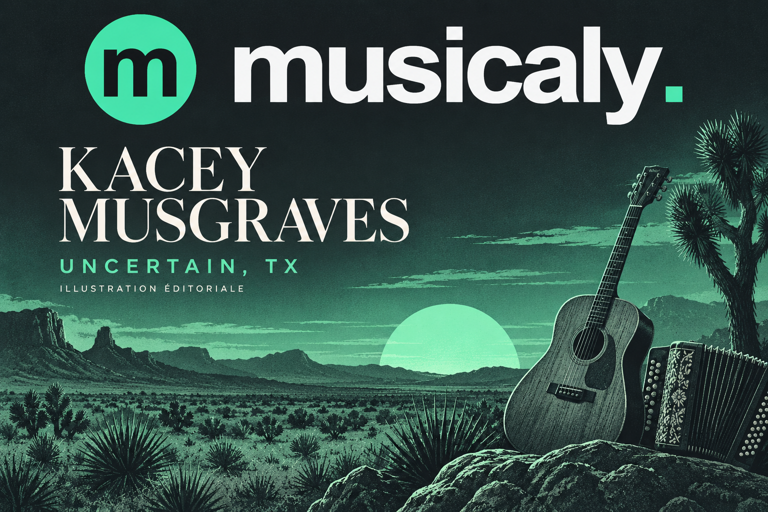 Illustration éditoriale pour KACEY MUSGRAVES : guitare, accordéon et horizon désertique, en menthe sur fond sombre, avec le logo MUSICALY.