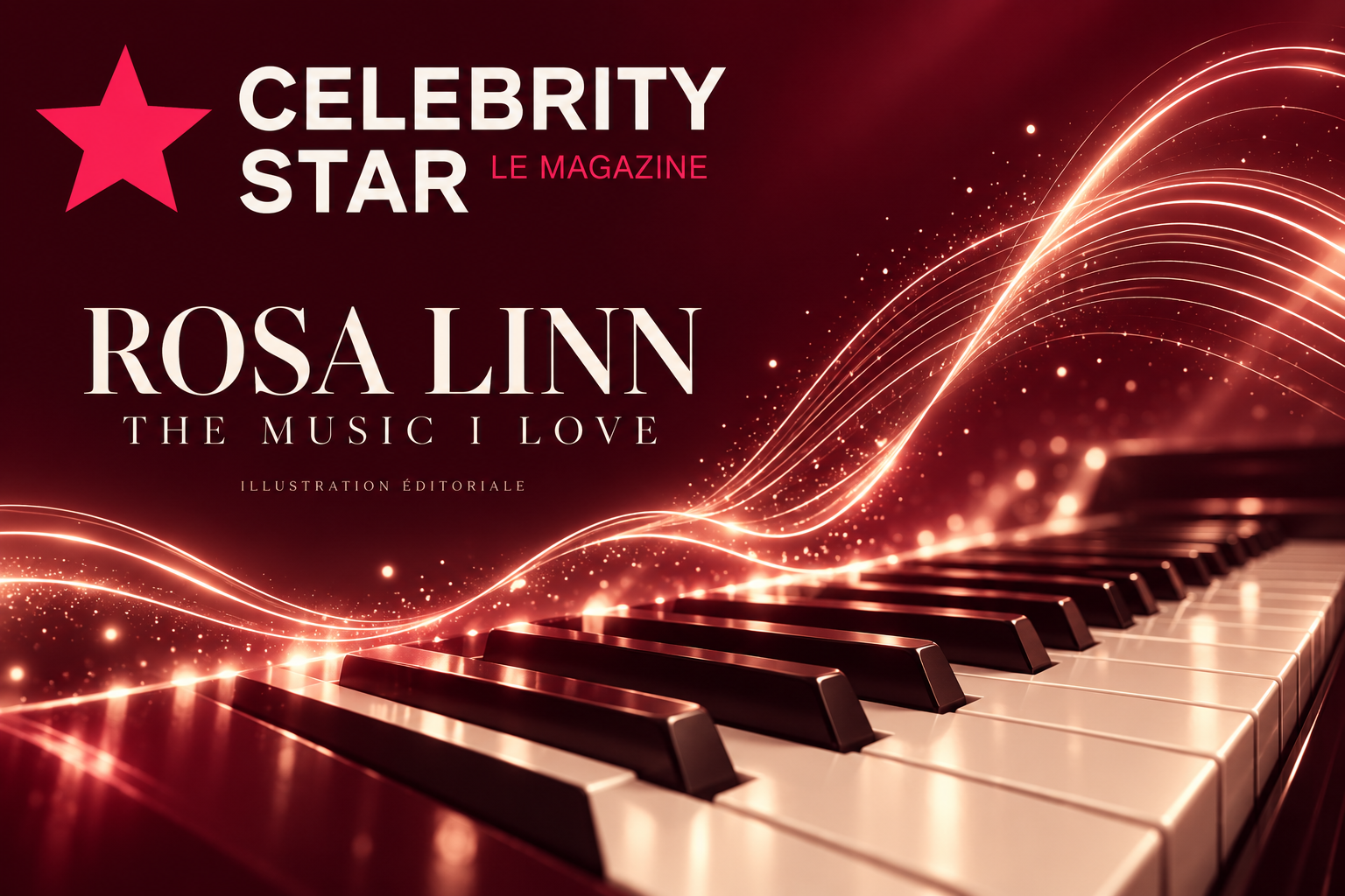 Illustration éditoriale pour ROSA LINN : touches de piano et ondes lumineuses, en bordeaux et ivoire, avec le logo CELEBRITY STAR.