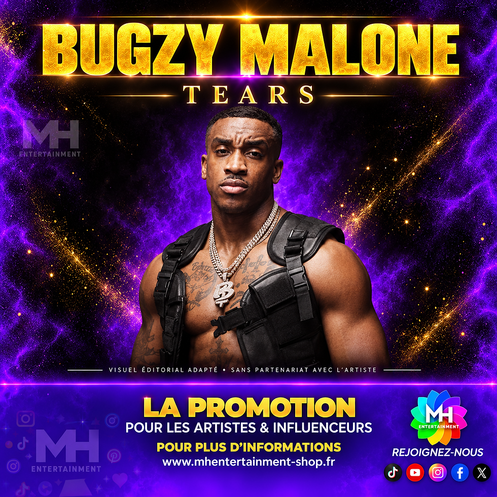Bugzy Malone – Tears : visuel éditorial MH Entertainment violet et doré, sans partenariat avec l’artiste