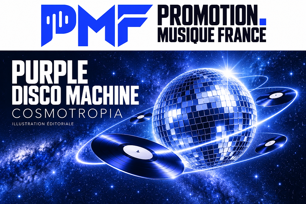 Illustration éditoriale pour PURPLE DISCO MACHINE : boule disco cosmique et disque en orbite, en bleu et blanc, avec le logo Promotion Musique France.