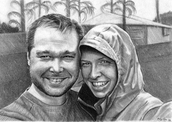 graphite drawing of a couple on vacation