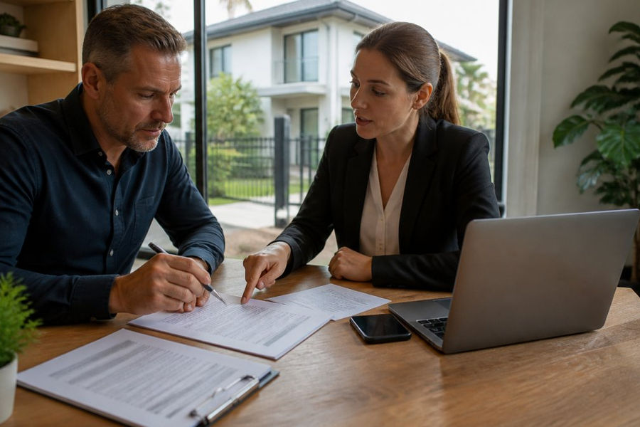 Landlord and property manager reviewing rental documents at a desk