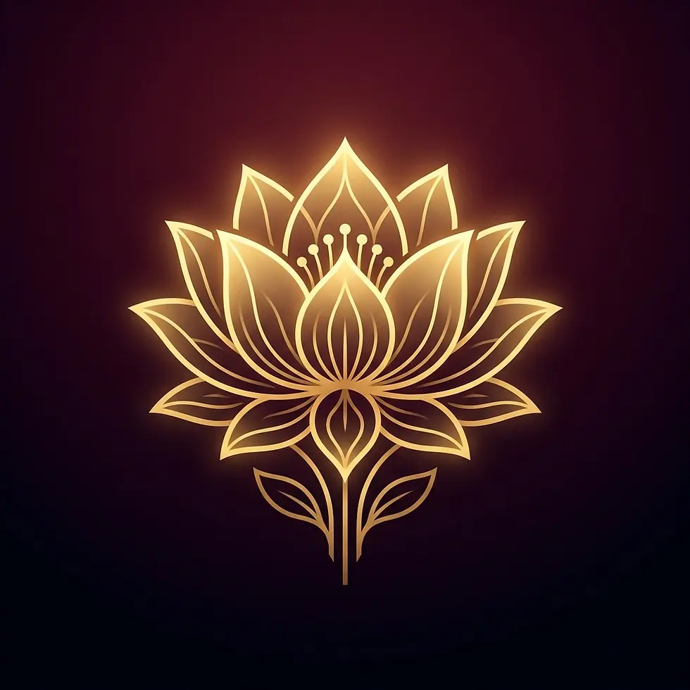 Digital illustration of a luminous golden lotus flower. It symbolizes peace and elegance, glowing against a dark background.