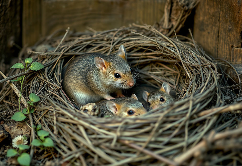 Photo of warm gray adult mouse with young nesting near human structures, often unnoticed.