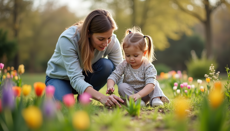 Eye-level view of a parent and child planting flowers in a garden bed