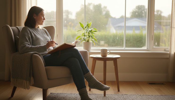 Eye-level view of a person sitting quietly by a window with a journal in their lap
