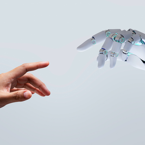 Human hand reaching toward a sleek robotic hand on a pale background, suggesting connection and trust. Mimics The  Creation of Adam by Michelangelo.