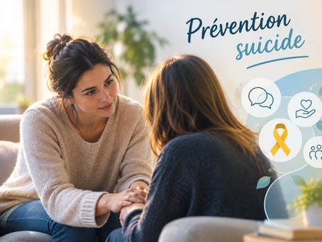 Deux personnes échangent dans un cadre chaleureux et bienveillant, illustrant l’écoute, le soutien et la prévention du suicide en santé mentale.