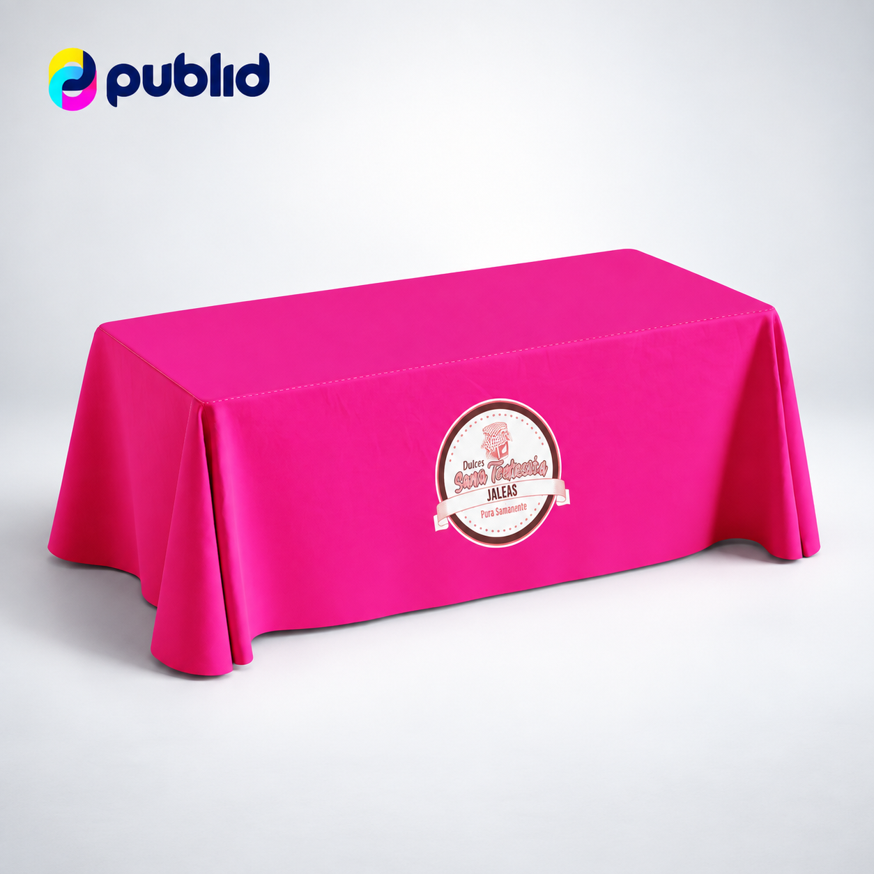 Mantel fucsia personalizado para mesa de exhibición