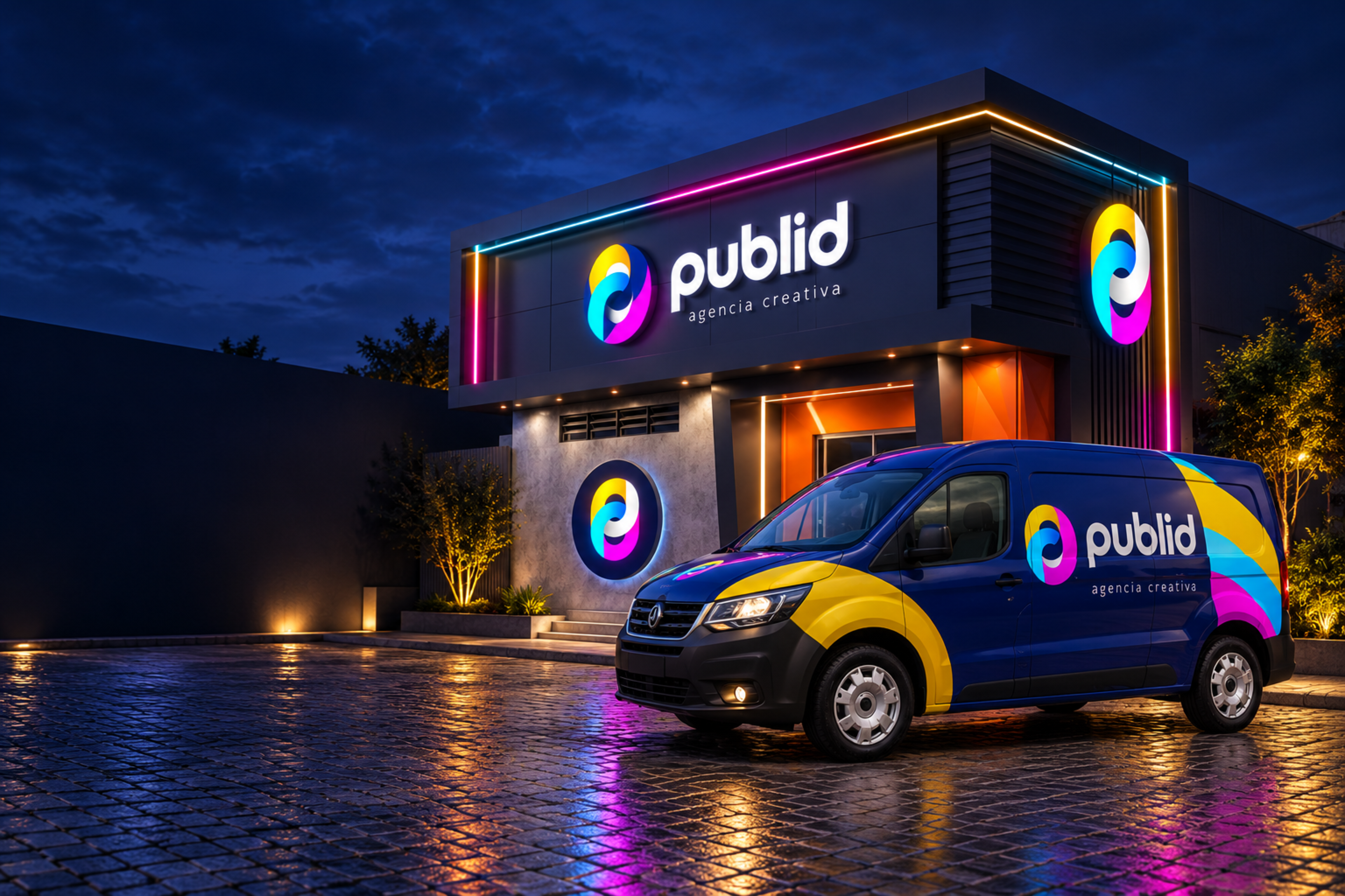 Representación conceptual de la identidad de Publid aplicada a una fachada