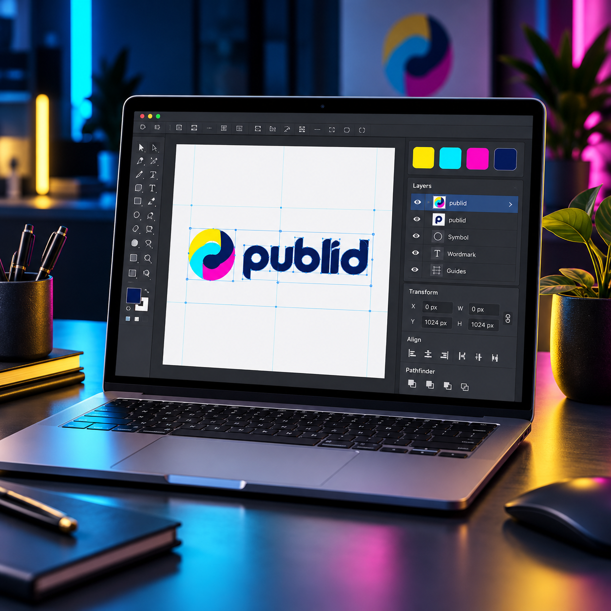 Laptop con una mesa de trabajo de diseño vectorial preparando el logotipo de Publid