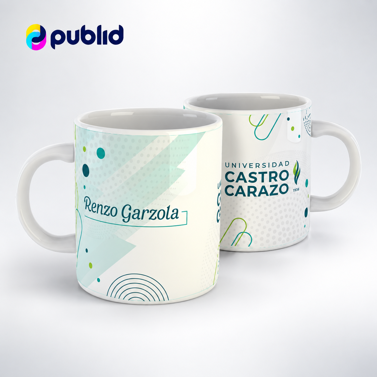 Dos tazas blancas personalizadas con diseño institucional