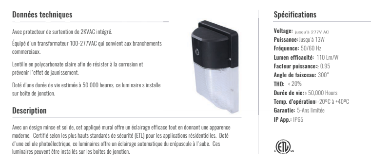 Miniature : MINI WALL PACK AVEC PHOTOCEL
