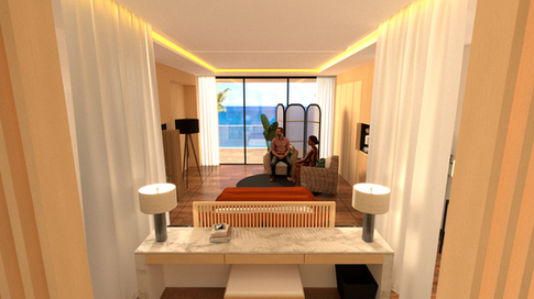 A render of the Fortune Hotel bedrooms, looking towards the window.