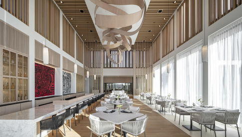 A comparison of the actual Fortune Hotel restaurant, looking towards the lobby entrance.