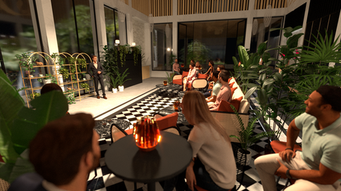 A render of the Fortune Hotel restaurant, looking towards the Host, including the contestants.