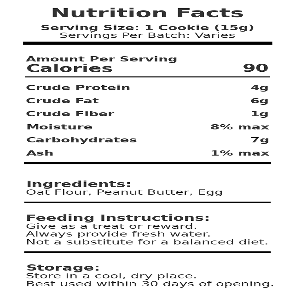 A black-and-white nutrition facts label for a dog treat, specifying a serving size of one cookie (15g) with 90 calories. It l