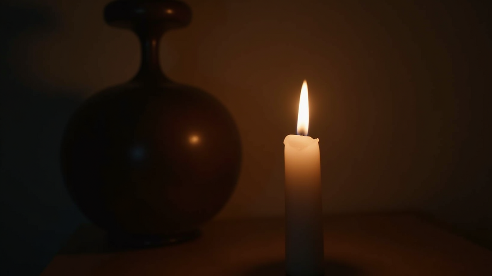 Close-up view of a single candle flame flickering softly in a dark room