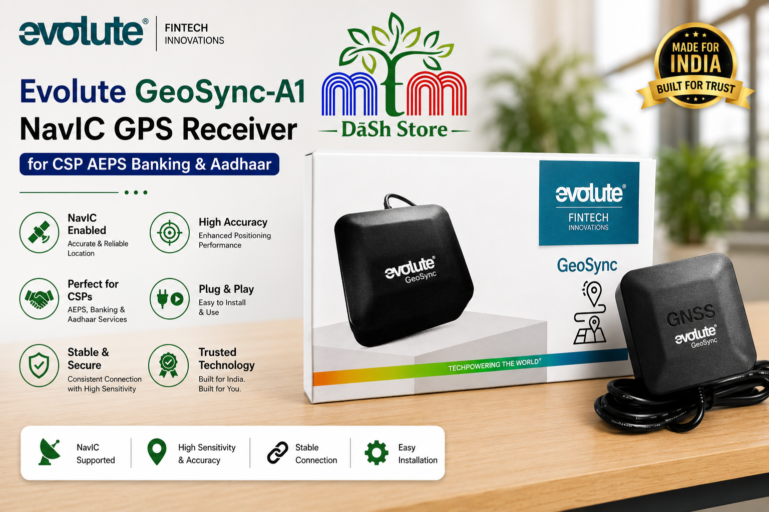 Evolute GeoSync-A1 NavIC GPS Receiver for CSP AEPS Banking & Aadhaar