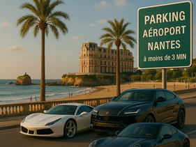 Vue d’un parking proche de l’aéroport de Nantes, avec une borne de réservation et une navette prête à accueillir des voyageurs