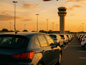 Photo d’un parking sécurisé proche de l’aéroport de Nantes, équipé de caméras de surveillance, où une navette attend des voyageurs