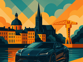 Photo d’un véhicule garé sur un terrain sécurisé près de l’aéroport de Nantes avec portail fermé et navette disponible.