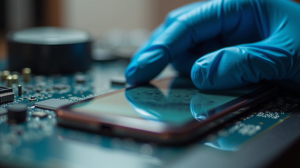 Close-up view of a technician repairing an iPhone screen