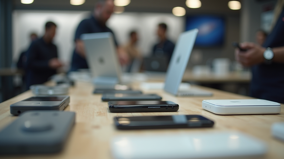 Eye-level view of a repair shop counter with Apple device accessories