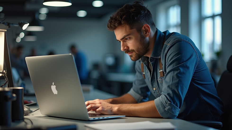 Vista frontal de un técnico reparando un MacBook en un taller