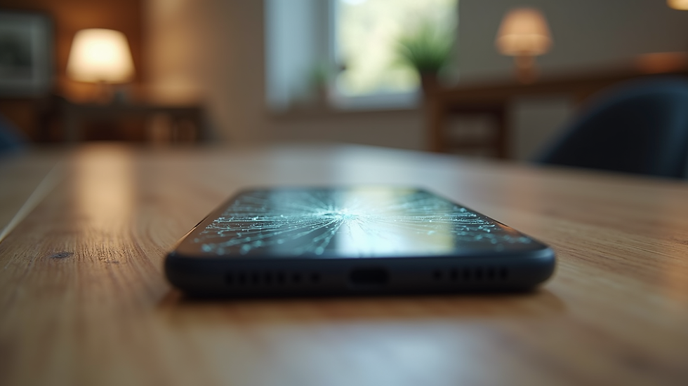 Eye-level view of a mobile phone with a cracked screen on a wooden table