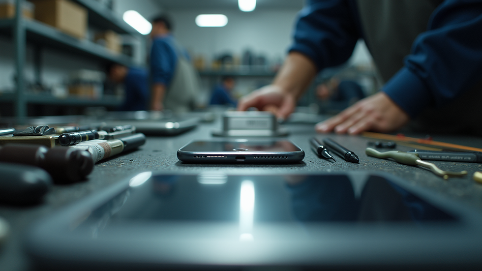 Eye-level view of a repair shop with iPhones and tools on the table