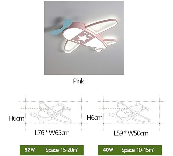 Technical size chart and design layout of airplane-shaped LED ceiling light for children’s room