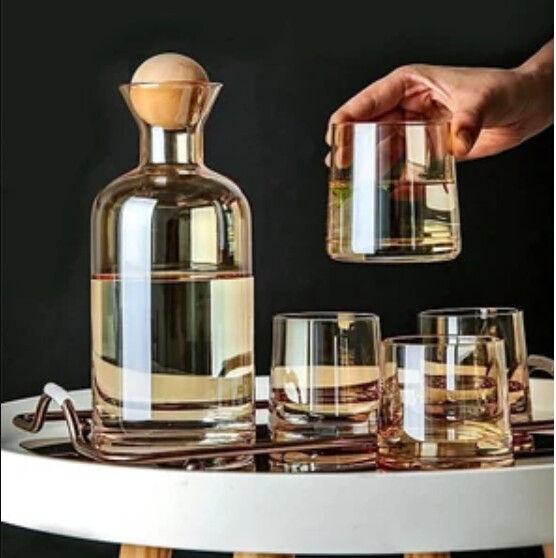 Modern chic barware set with glass decanter and four matching glasses
