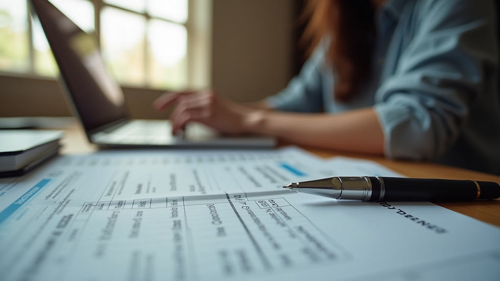 Eye-level view of a student working on a laptop with tax documents spread out