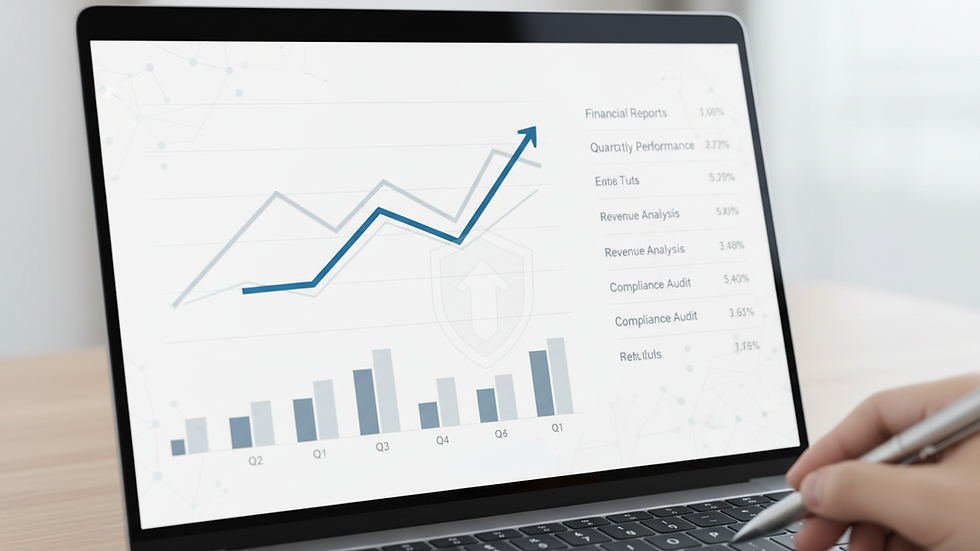 Close-up view of a laptop screen showing financial graphs and reports