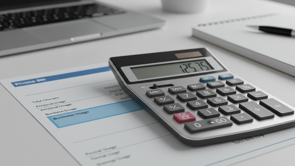 Close-up view of a calculator and a phone bill with highlighted business usage