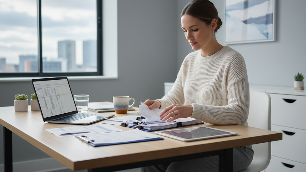 Eye-level view of a small business owner organizing receipts and invoices on a desk