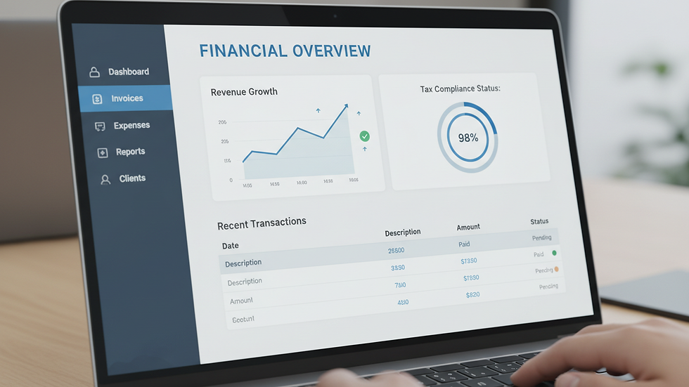 Close-up view of a laptop screen showing accounting software dashboard