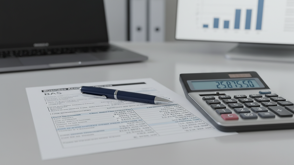 Close-up view of a BAS statement form with a calculator and pen
