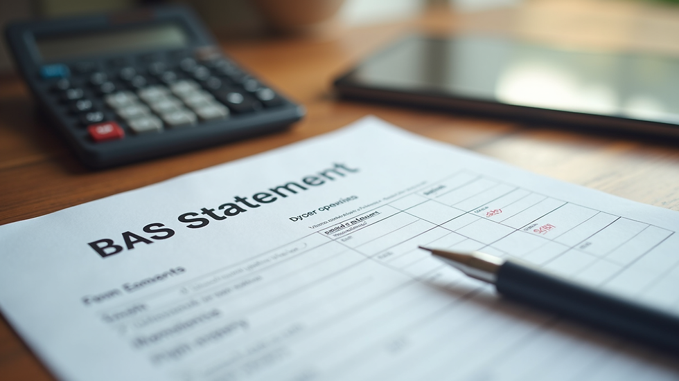 Close-up view of a BAS statement form with a calculator and pen on a wooden table