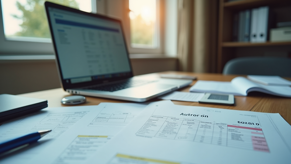 Eye-level view of a desk with organised tax documents and a laptop