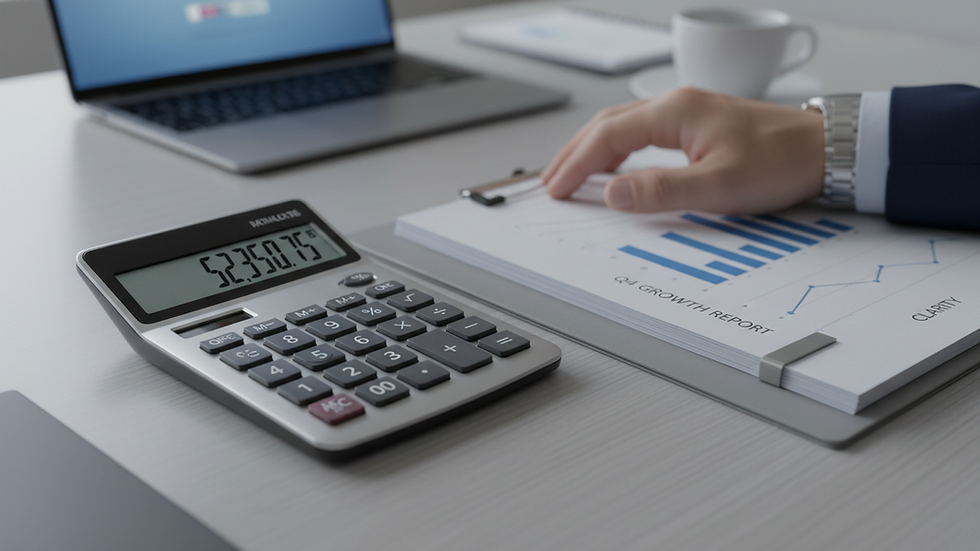 Close-up view of a calculator and financial documents on a desk