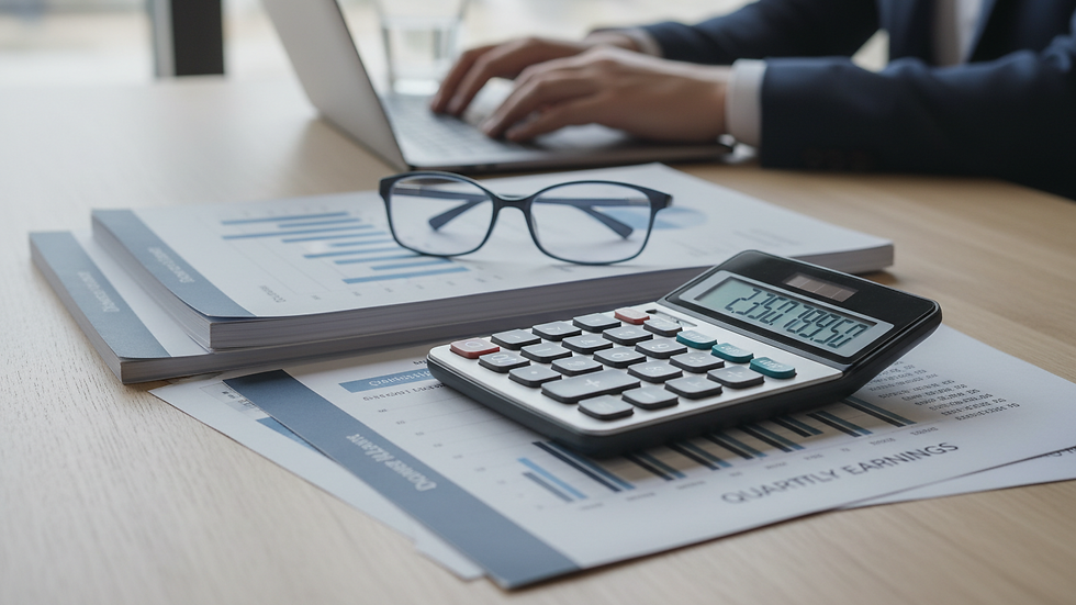 Close-up view of a calculator and financial reports on a wooden table