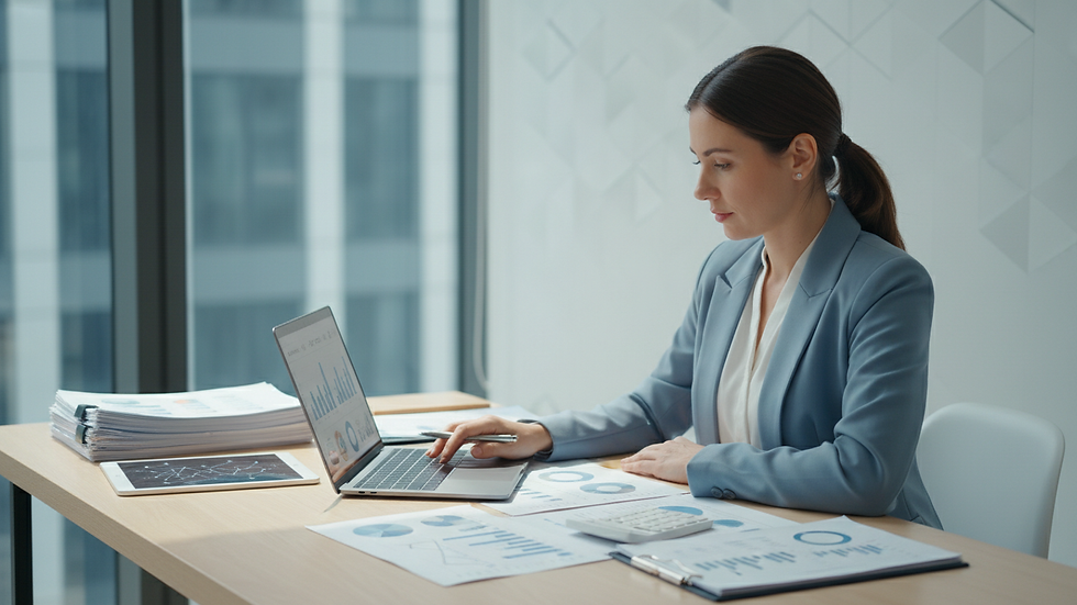 Eye-level view of a small business owner working on a laptop with financial documents
