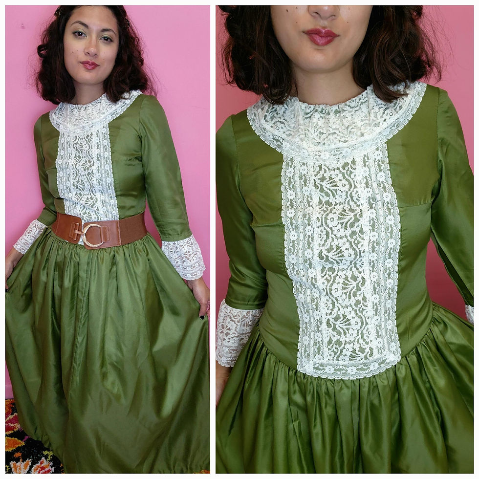 Size Medium Large | Vintage 1970's Olive Green & Off-White Lace Trim Maxi Dress